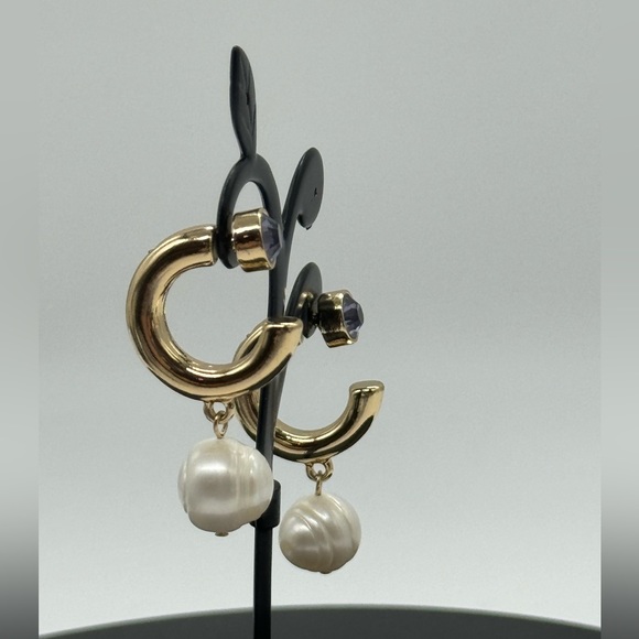 INC Gold Tone Open Hoop with Dangling Faux Pearl Purple Crystal Post Earrings - Picture 10 of 13